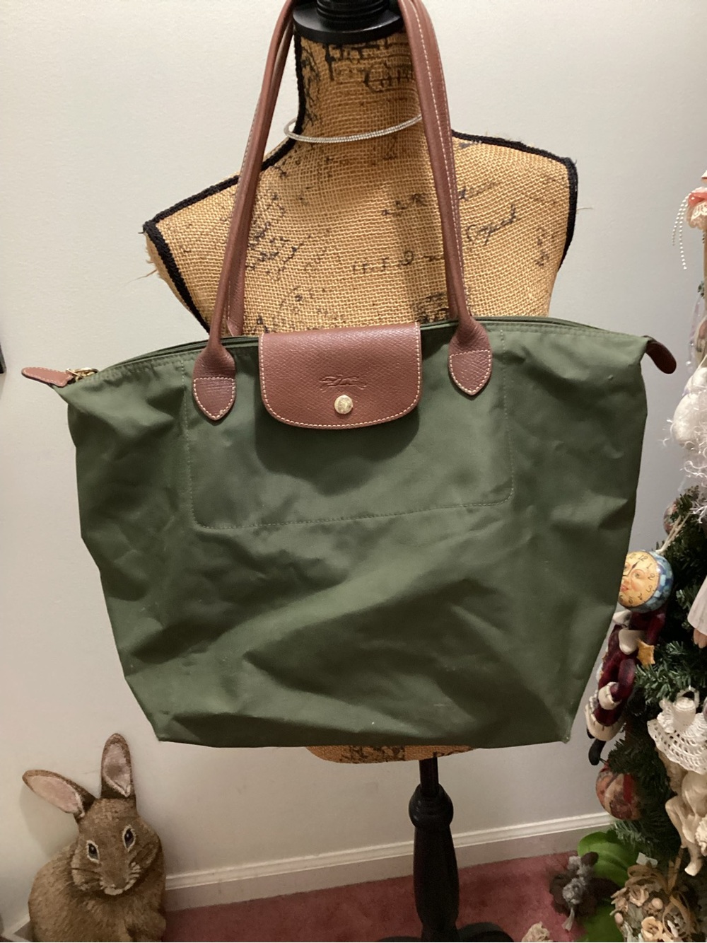 Longchamp Le Pliage Large Tote Bag in Olive Green with Brown Trims
